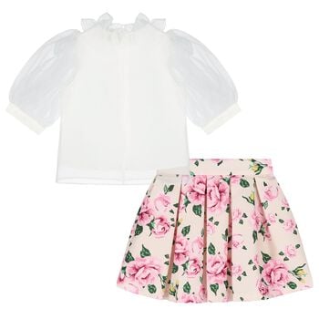 Girls White & Pink Floral Skirt Set