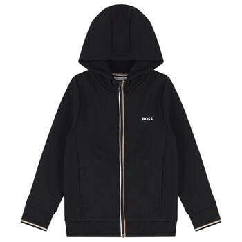 Boys Mini Me Black Logo Hooded Zip Up Top