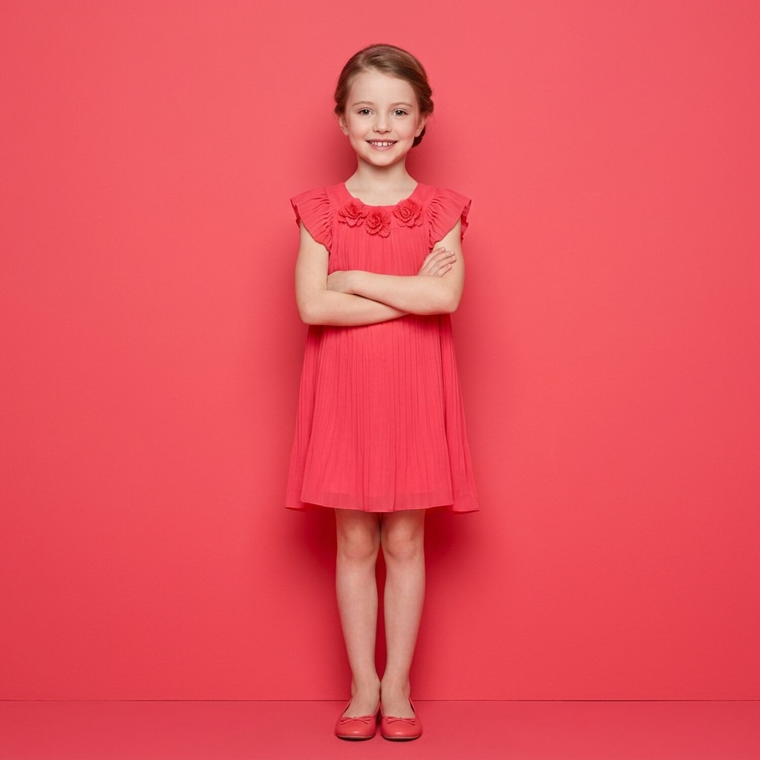 فستان بنات شيفون بكسرات باللون الوردي, 1, hi-res