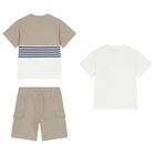 Boys White & Beige Shorts Set, 1, hi-res