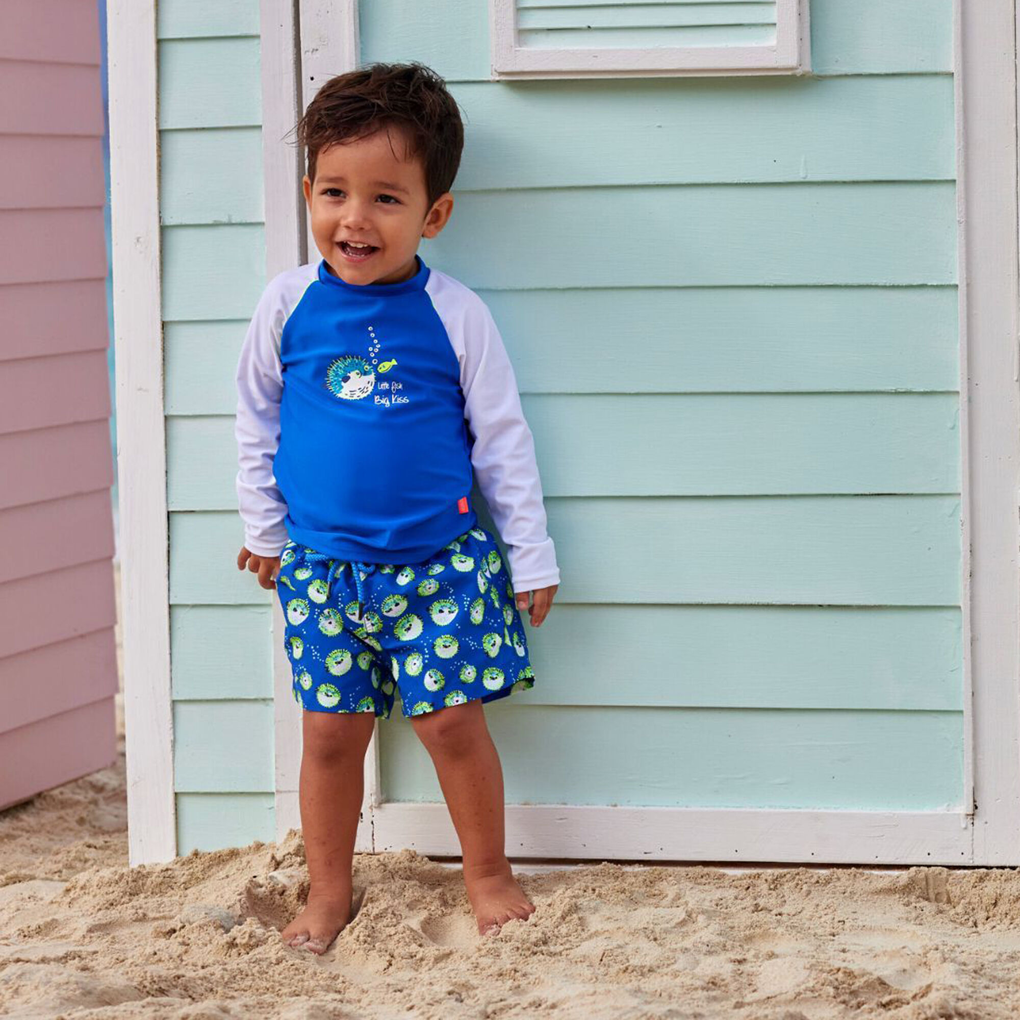Sunuva Baby Boys Blue White Puffer Fish Long Sleeve Rash Vest Junior Couture