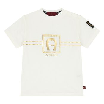 Younger Boys Ivory & Gold Logo T-Shirt