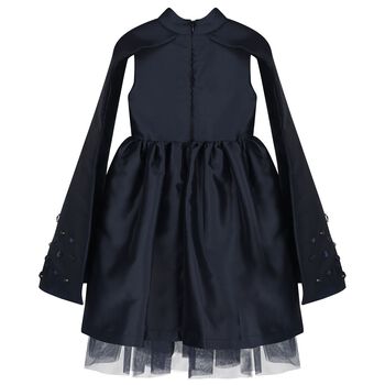 Girls Navy Blue Crystal Cape Sleeve Dress