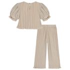 Girls Beige & Silver Trousers Set, 1, hi-res