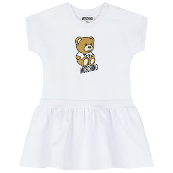 Younger Girls White Teddy Bear Logo Dress