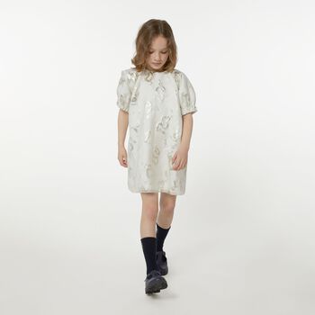 Girls Ivory & Gold Dragons Jacquard Dress