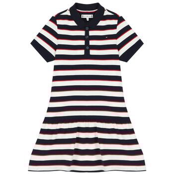 Girls White & Navy Blue Striped Polo Dress