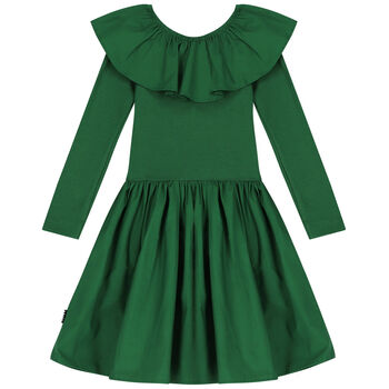 Girls Green Ruffled Long Sleeve Dress