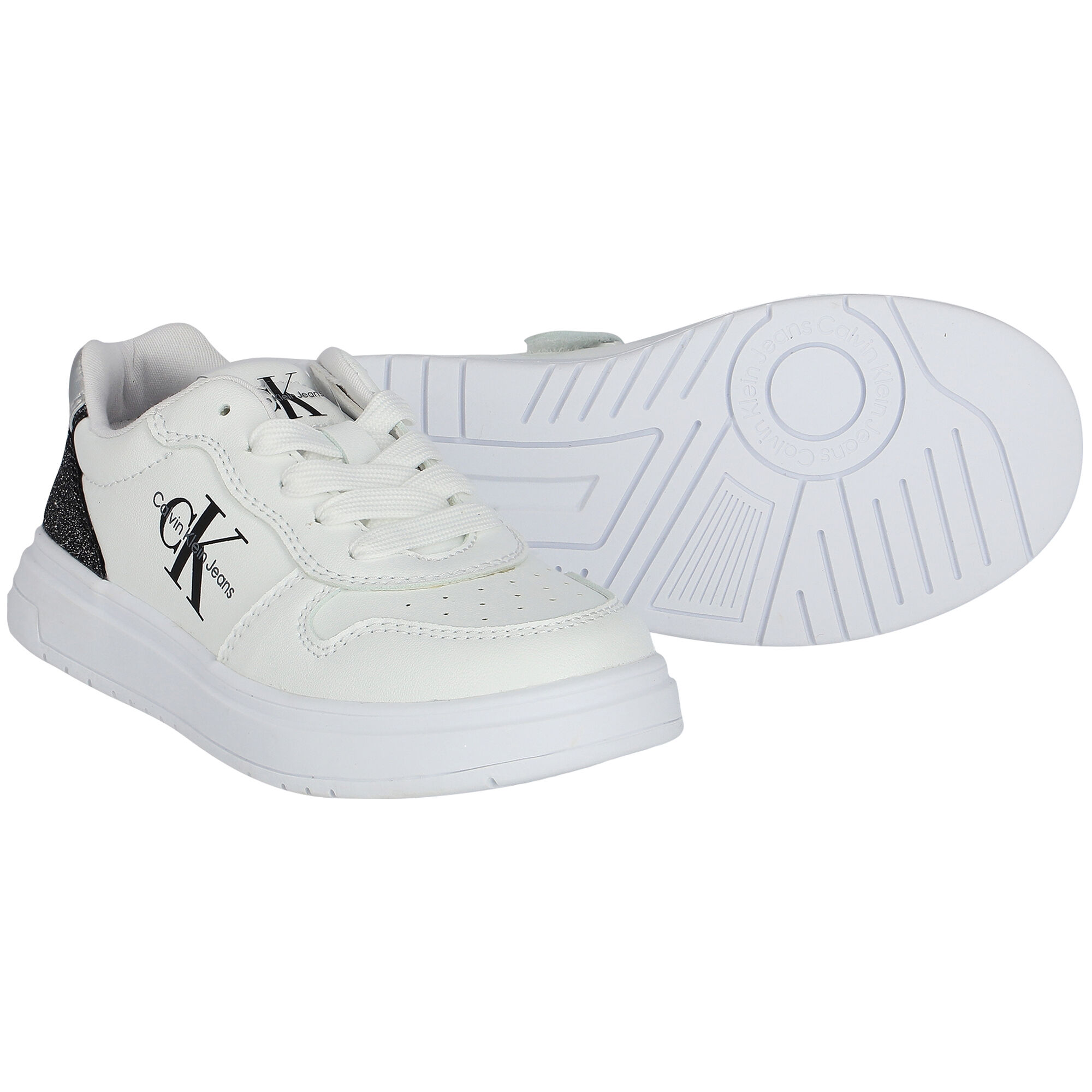 Calvin Klein Girls White Glitter Logo Trainers Junior Couture USA