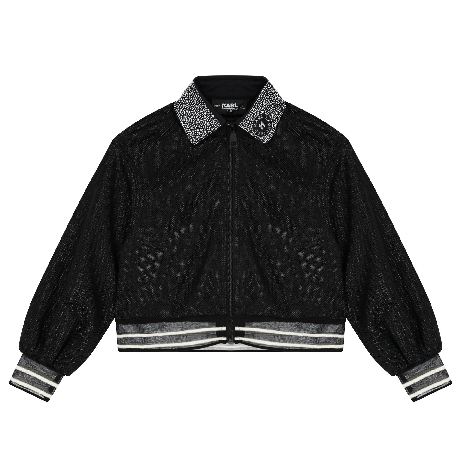 KARL LAGERFELD Girls Black Logo Rhinestone Zip Up Top