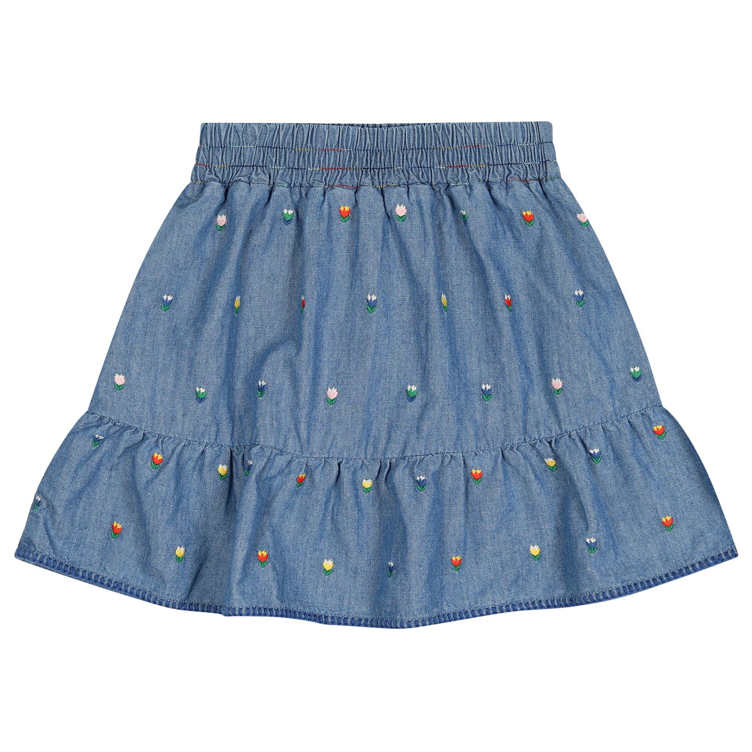 Girls Denim Blue Floral Skirt, 1, hi-res