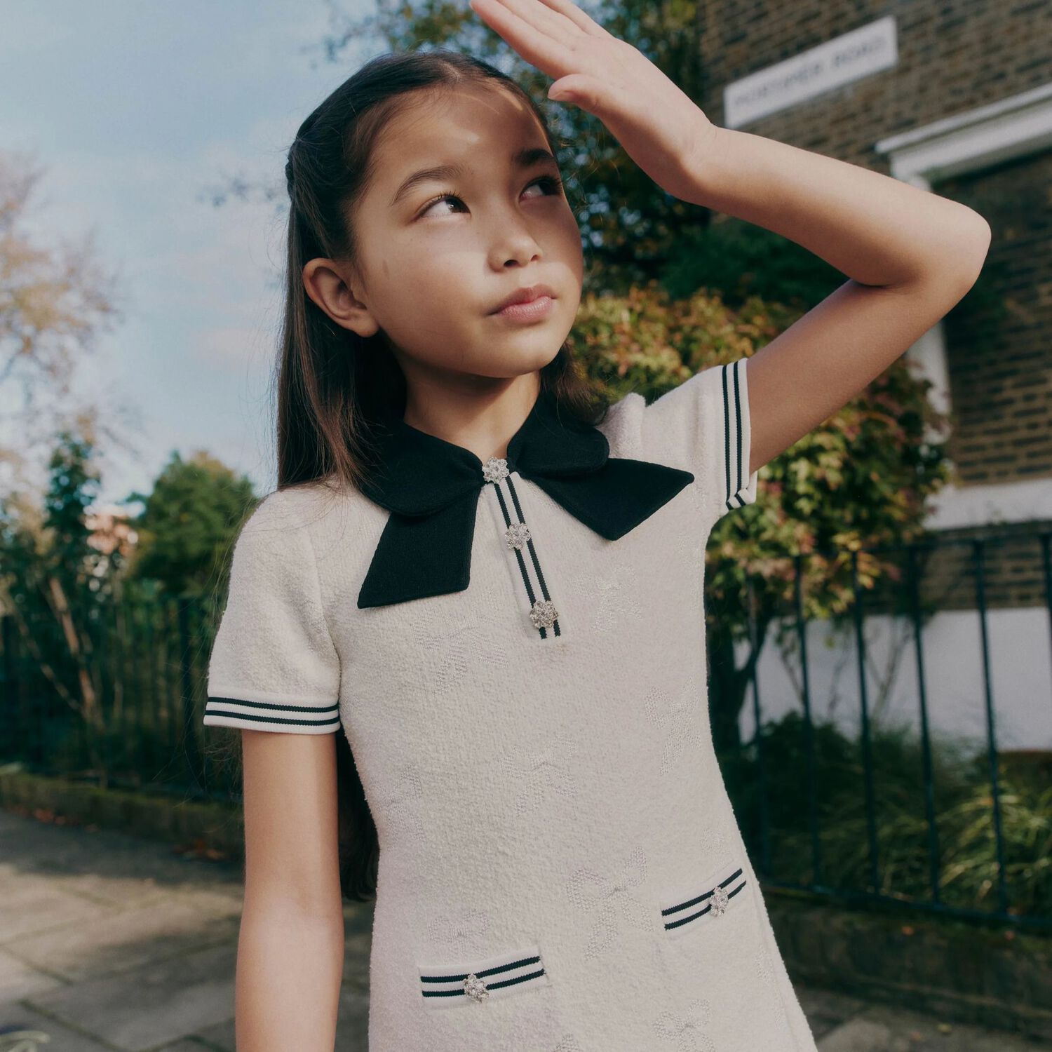 Girls White Jacquard Bow Dress, 1, hi-res image number null