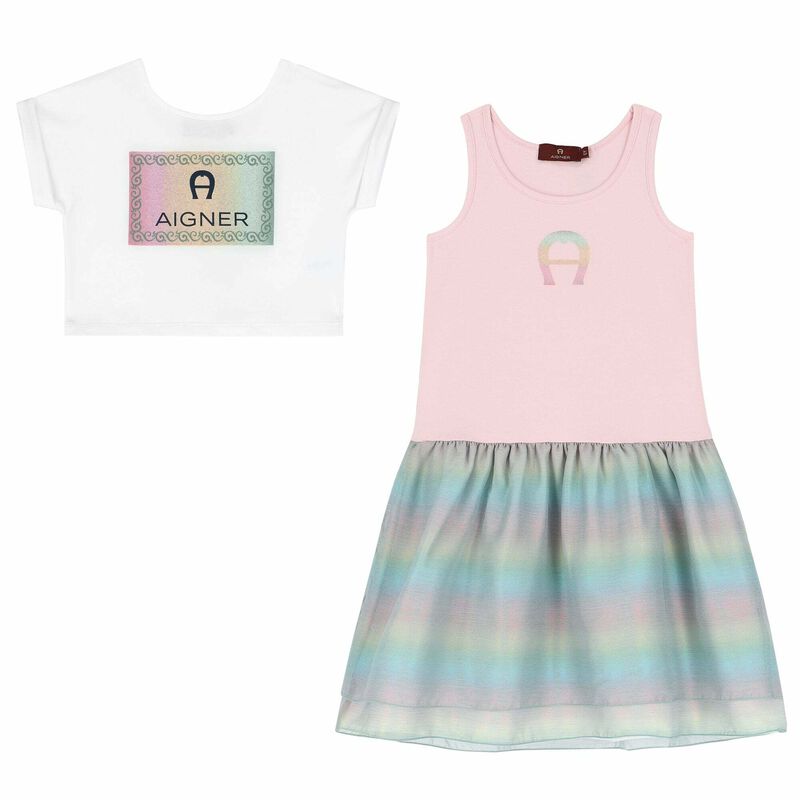Girls White, Pink & Green Logo Dress Set, 1, hi-res image number null