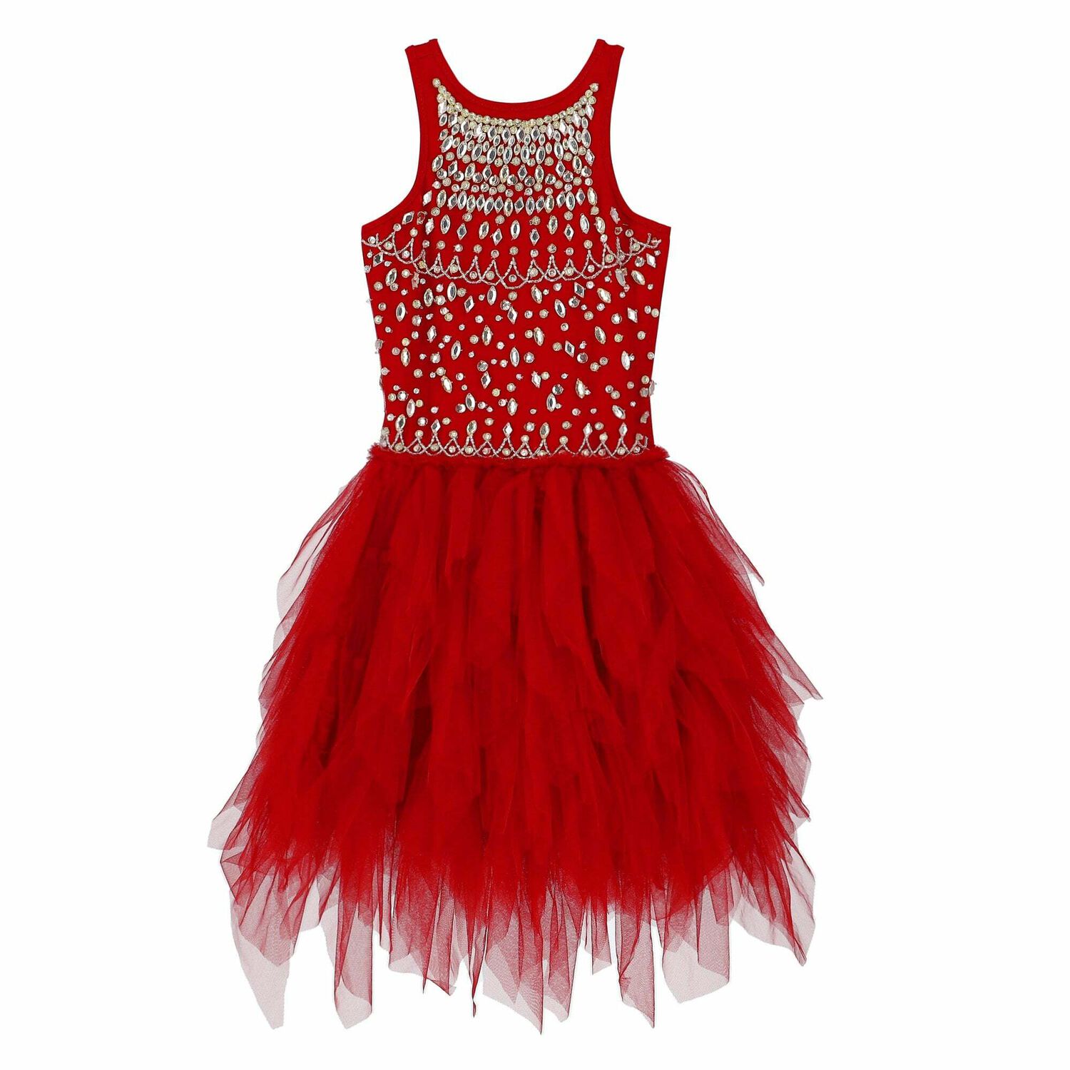 Girls Red Embellished Tulle Dress, 1, hi-res
