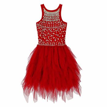 Girls Red Embellished Tulle Dress