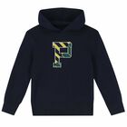 Boys Navy Logo Knitted Hooded Top, 1, hi-res
