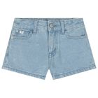 Girls Blue Logo Denim Shorts, 1, hi-res