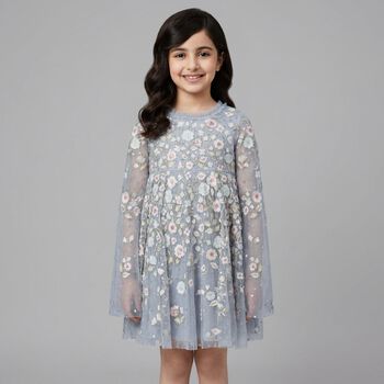 Girls Blue Floral Tulle Cape Dress