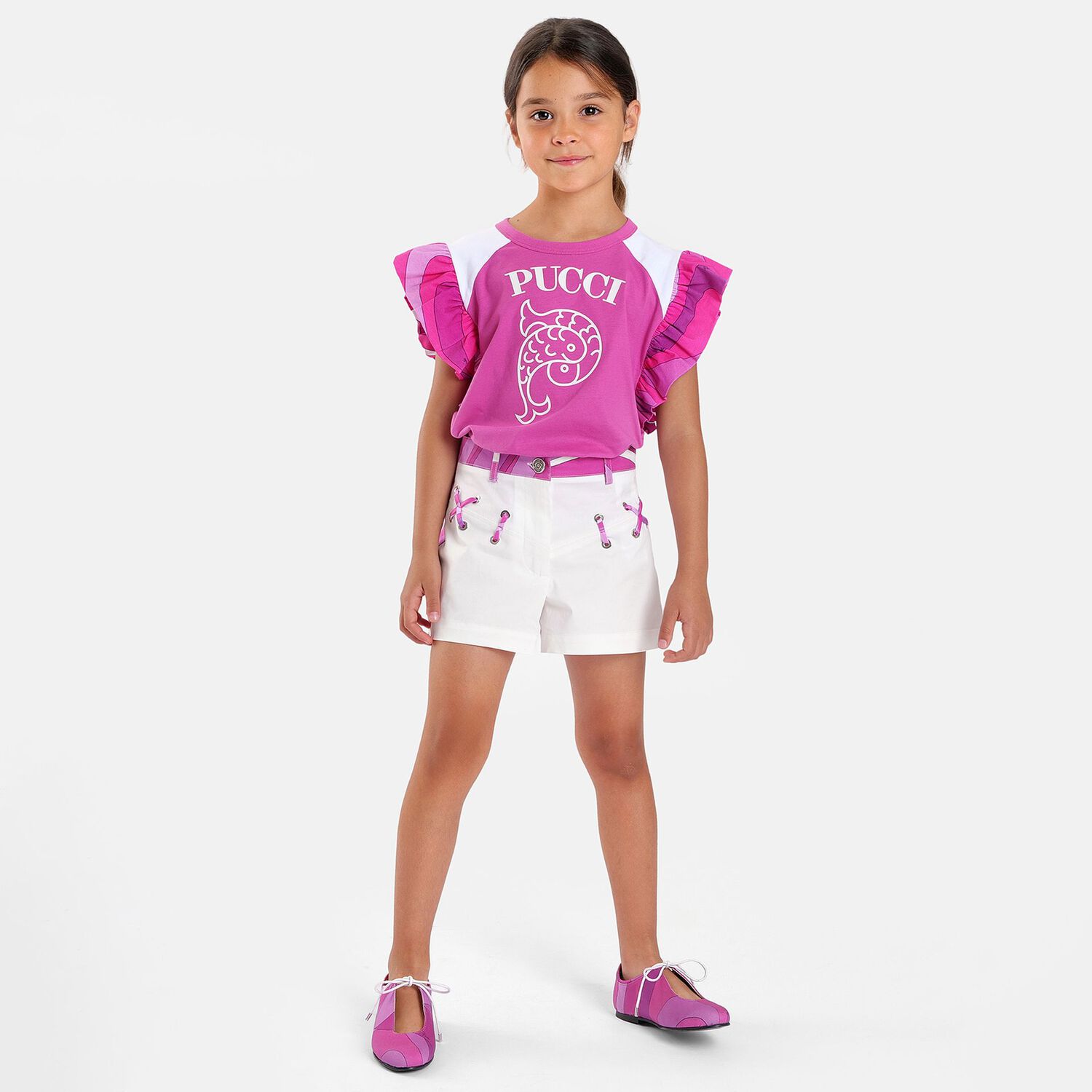 Girls Pink Logo Ruffled T-Shirt, 1, hi-res