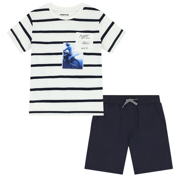 Boys White & Navy Striped Shorts Set