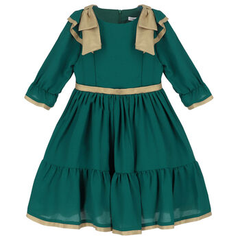 Girls Green & Gold Bow Chiffon Dress