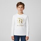 Boys White & Gold Logo Long Sleeve Top, 1, hi-res