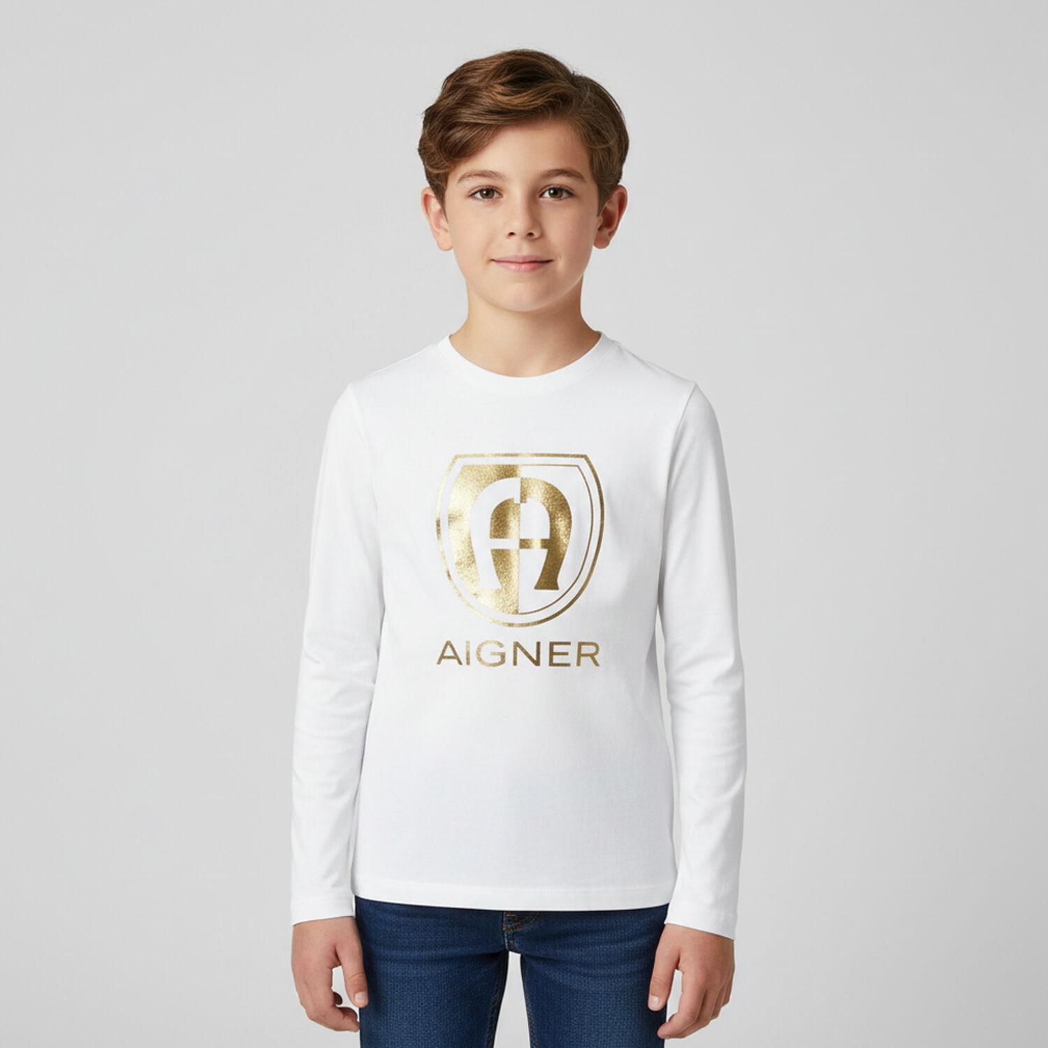 Boys White & Gold Logo Long Sleeve Top, 1, hi-res image number null