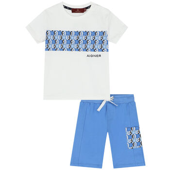 Younger Boys White & Blue Logo Shorts Set