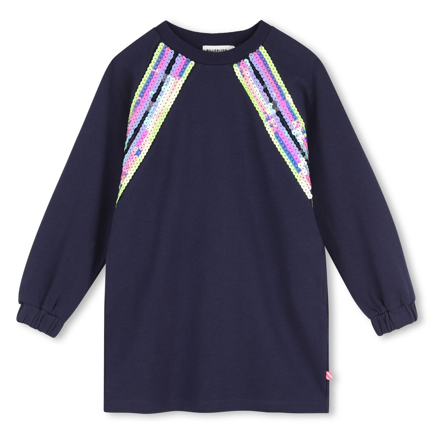 Girls Navy Blue Sequin Sweatshirt Dress , 1, hi-res