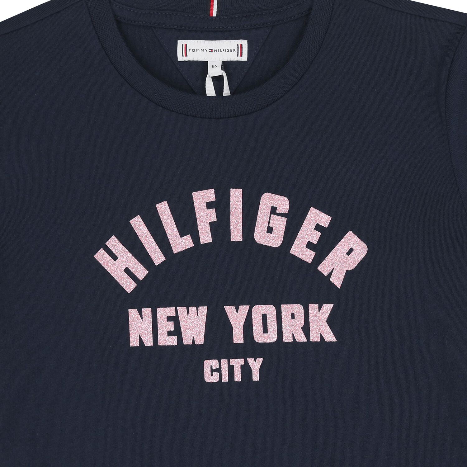 تي شيرت بناتي بشعار أزرق داكن, 1, hi-res