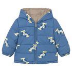 Younger Boys Beige & Blue Race Car Reversible Puffer Jacket, 1, hi-res