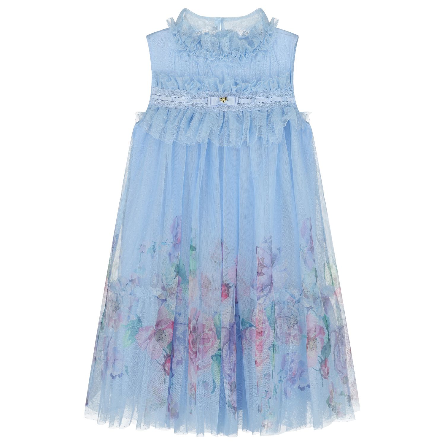 Girls Blue Floral Tulle Dress, 1, hi-res
