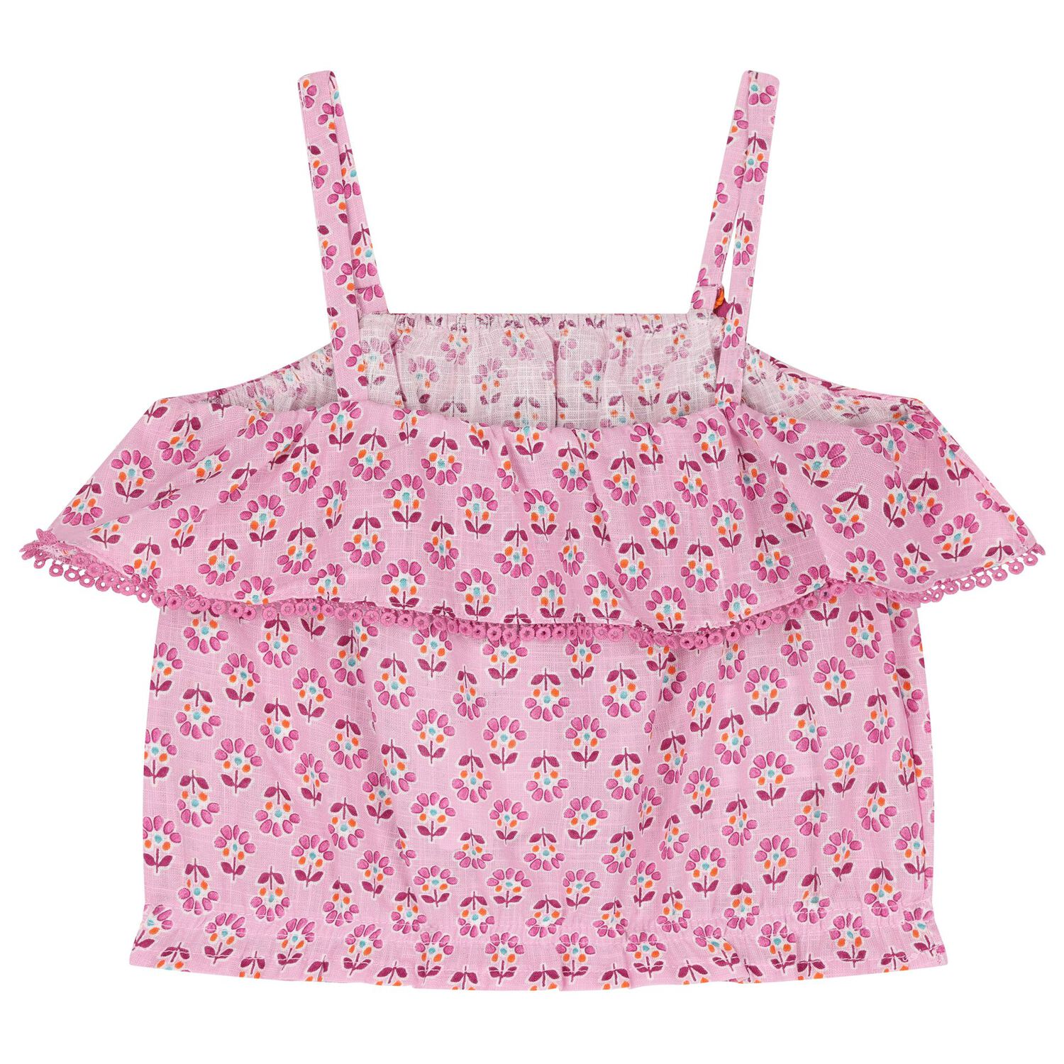 Girls Pink Ruffled Flower Printed Top, 1, hi-res image number null