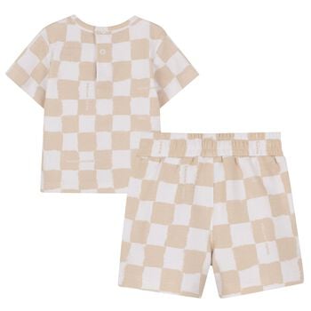 Younger Beige & White Check Shorts Set