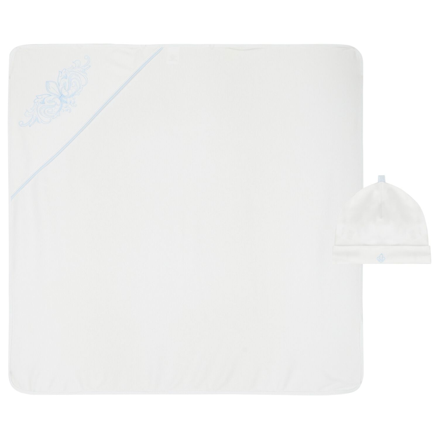 Baby Boys White & Blue Embroidered Blanket & Hat Set, 1, hi-res