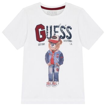 Guess Boys White Teddy Bear Logo T-Shirt, 2 Boys White Teddy Bear Logo T-Shirt