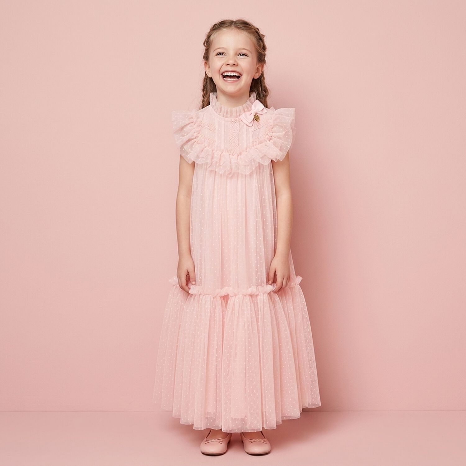 Girls Pink Dotted Tulle Dress, 2, hi-res