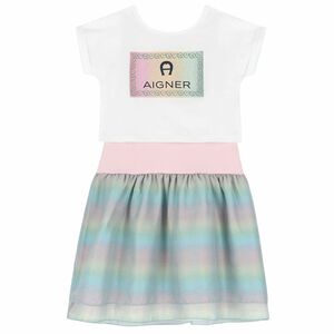 Girls White, Pink & Green Logo Dress Set