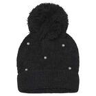 Girls Black Embellished Knitted Beanie Hat, 2, hi-res