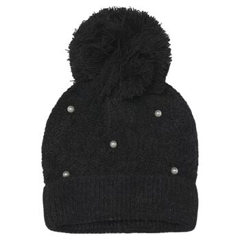 Girls Black Embellished Knitted Beanie Hat