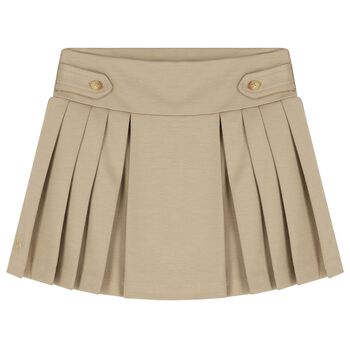 Girls Beige Logo Pleated Skirt