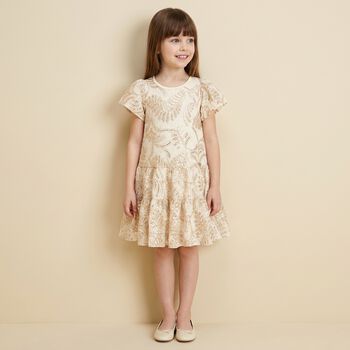 Girls Beige & Gold Lace Dress