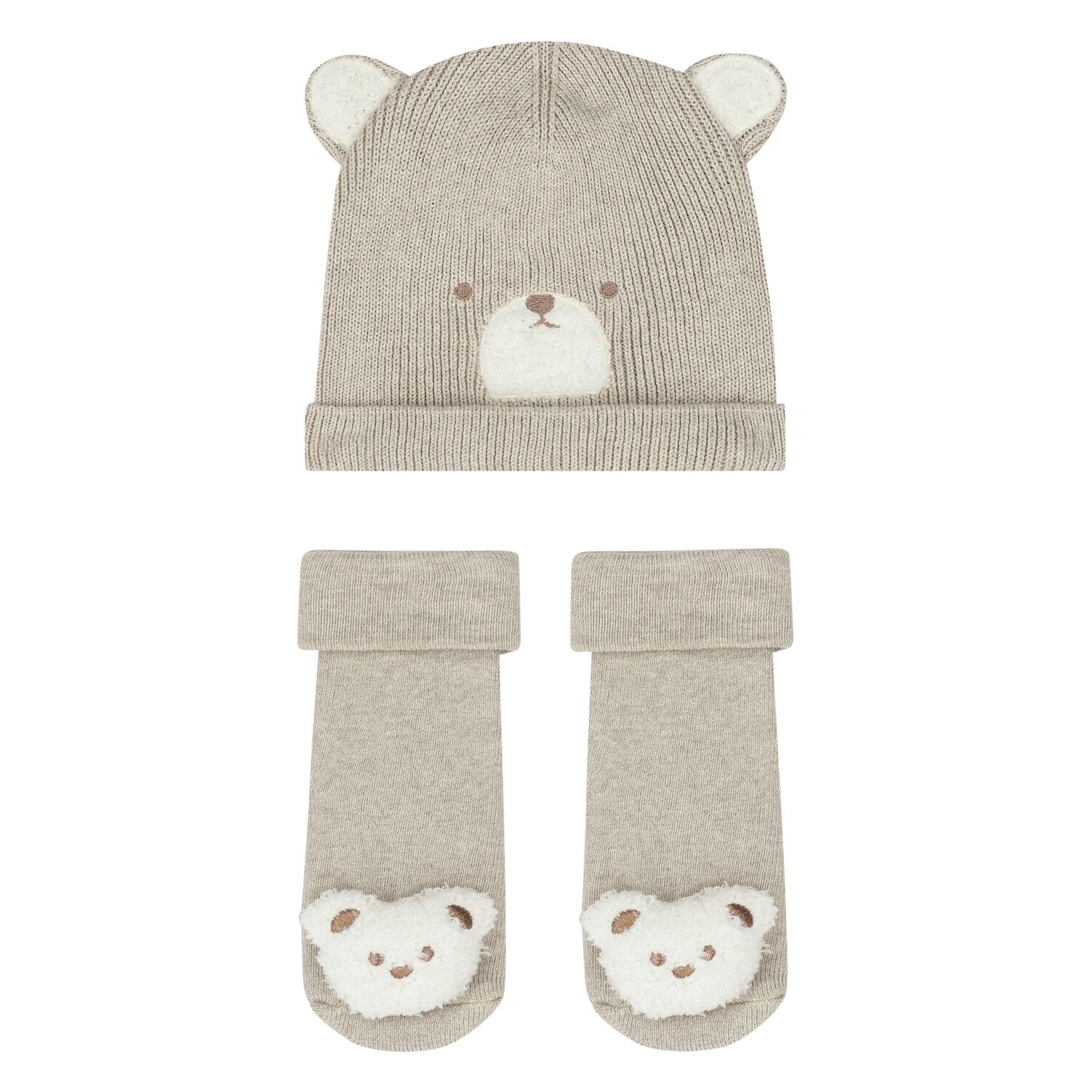 Beige Bear Hat & Socks Baby Set, 2, hi-res image number null