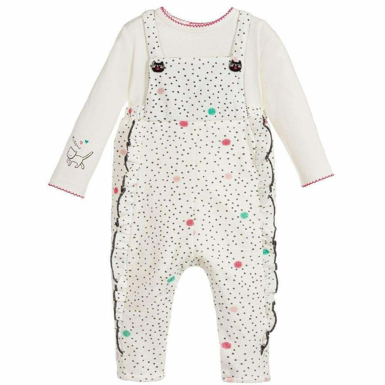 Baby Girls Ivory Dungaree Babygrow, 1, hi-res