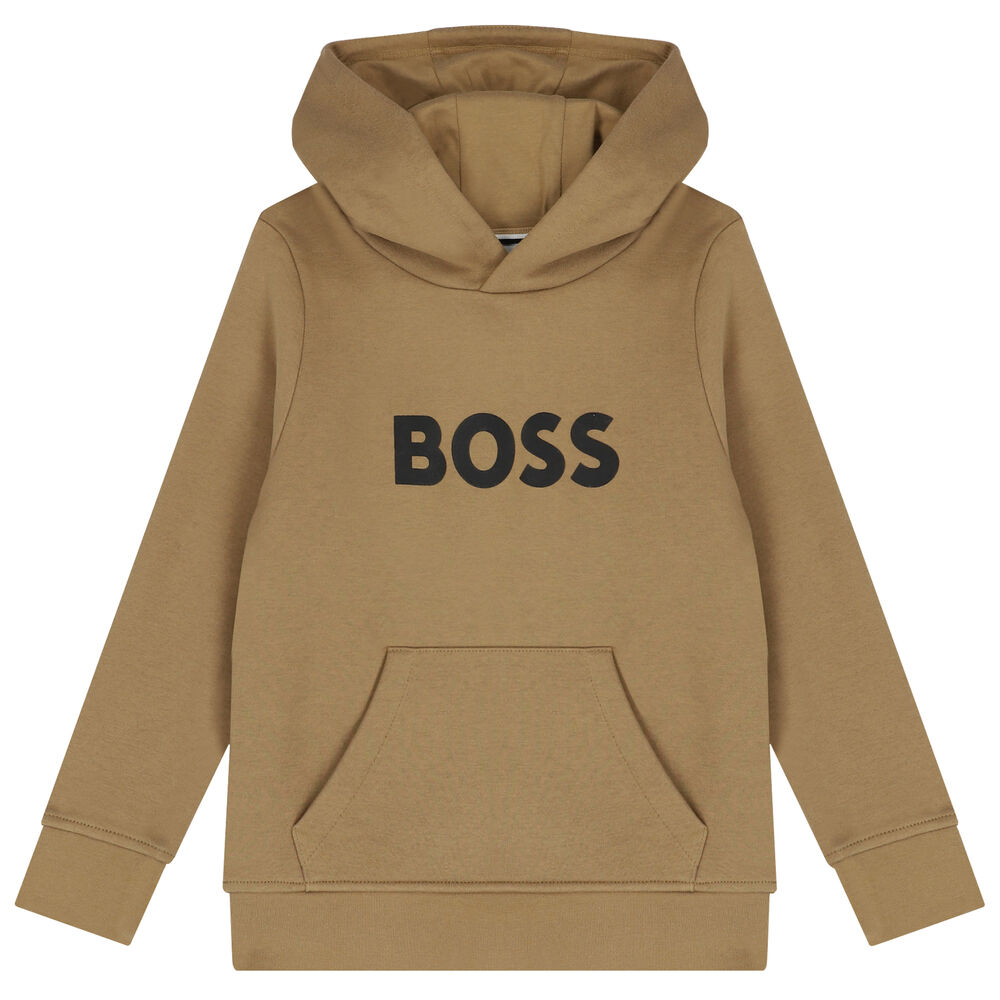 BOSS Boys Beige Logo Hooded Top | Junior Couture