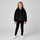 Girls Black Fluffy Knit Hooded Zip Up Top, 1, hi-res