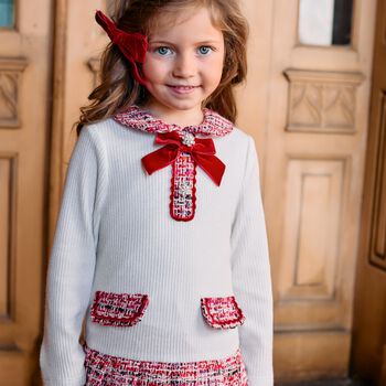 Girls Ivory & Red Tweed Dress 