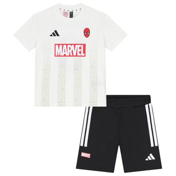 White & Black Marvel Logo Shorts Set