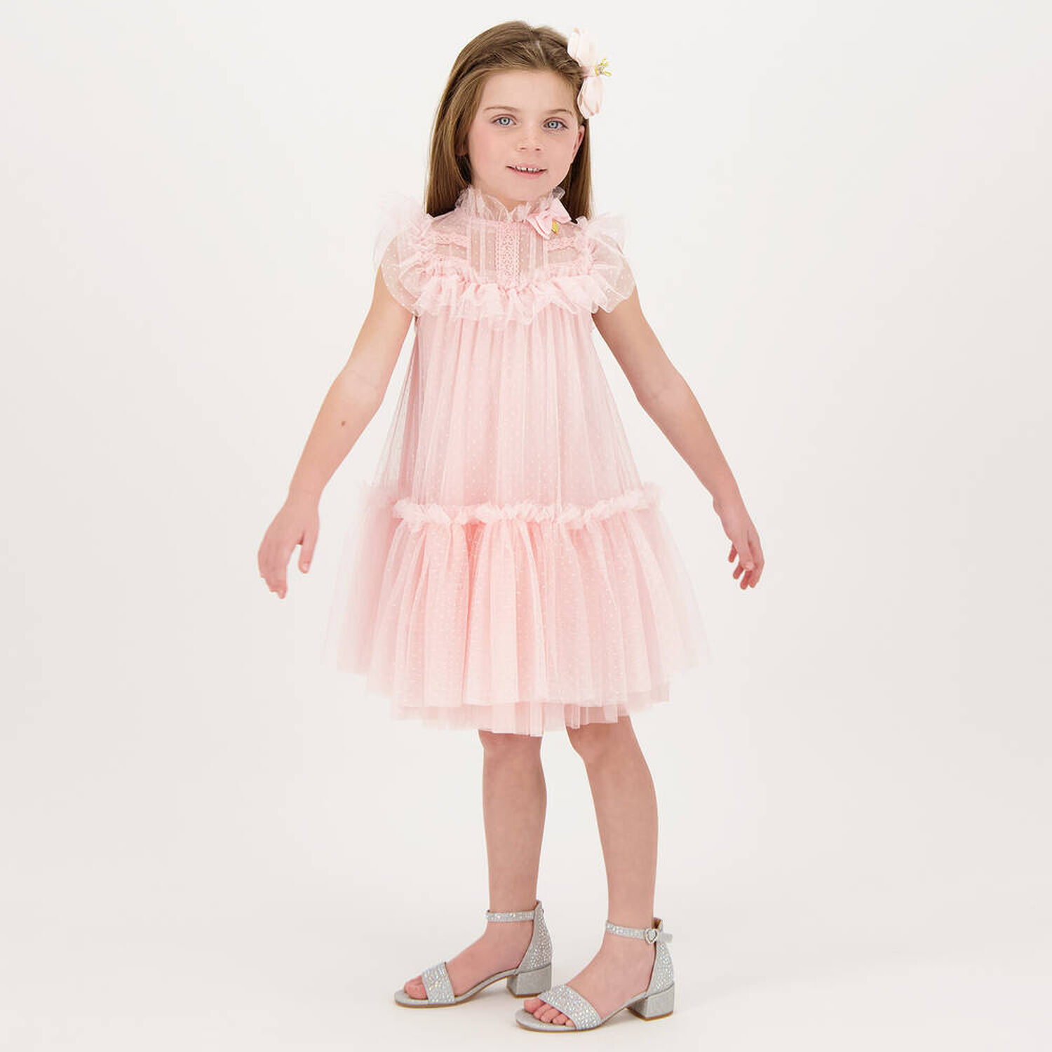 Girls Pink Dotted Tulle Dress, 2, hi-res image number null