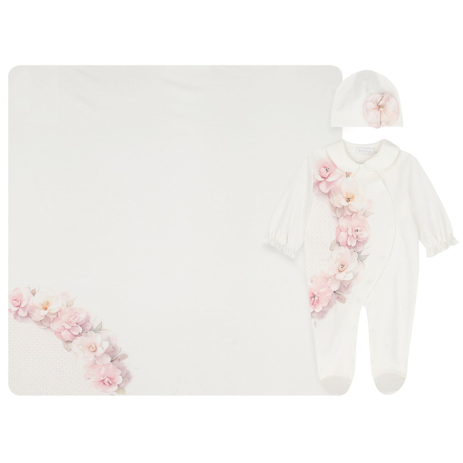 Baby Girls Ivory & Pink Floral Babygrow Gift Set , 1, hi-res